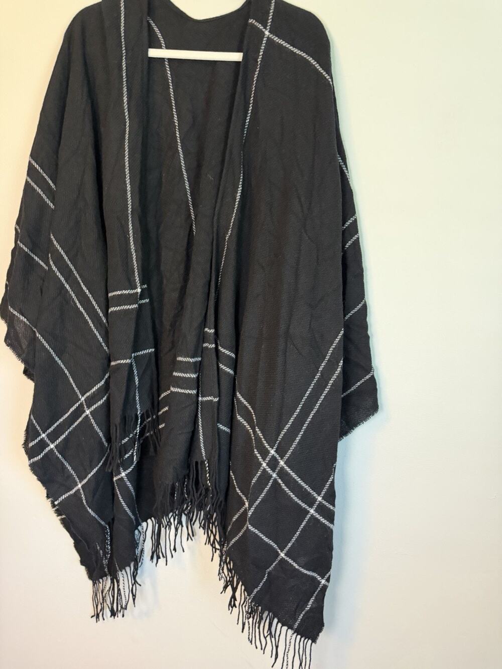 Eileen Fisher Serape Open Front Plaid Wool Blend Wrap Black NEW